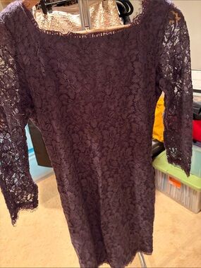 Diane Von Furstenberg Dark Grey Lace Mini Dress with Scalloped Edges